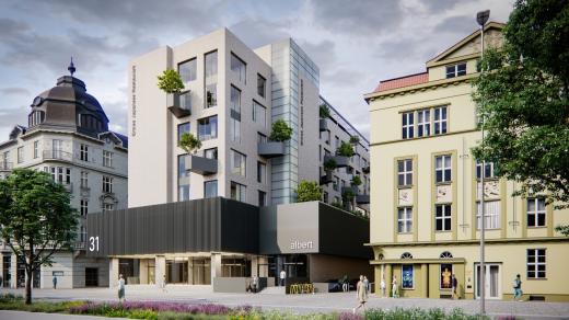 Vizualizace nové podoby budovy bývalé Jednoty v centru Olomouce