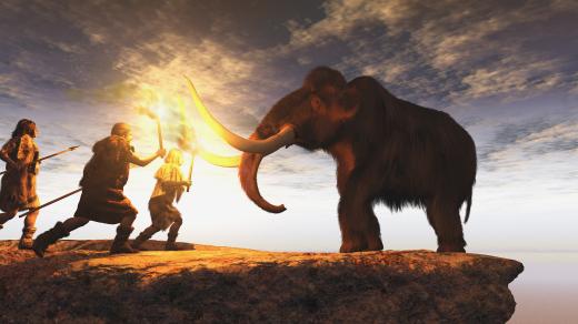 Představa, jak mohl vypadat lov na mamuta, vytvořená díky počítačové grafice (ilustrační obrázek)