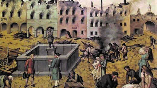 Výřez z ostrostřeleckého terče „Po požáru na náměstí Jindř. Hradeckém r. 1801“