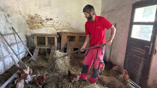 Marek, který na farmě v Drahotuších v rámci programu sociální rehabilitace obstarává zvířata. Třeba slepice