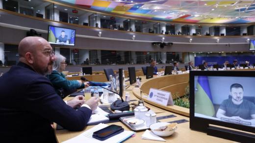 Ukrajinský prezident Volodymyr Zelenskyj pronesl online projev na zasedání Evropské rady