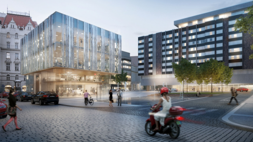 Vizualizace nové budovy na náměstí Miloše Formana vedle hotelu Intercontinental