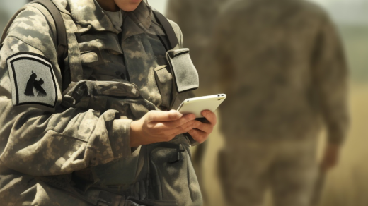 Obrázek vytvořený neuronovou sítí Stable Diffusion na základě zadání "mobile phone with a picture of soldier"