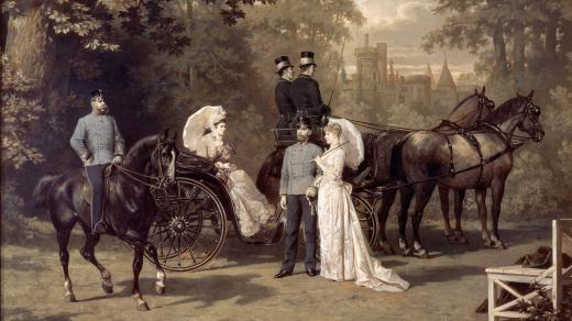 František Josef s chotí Alžbětou Bavorskou a korunním princem Rudolfem s jeho manželkou Štěpánkou Belgickou