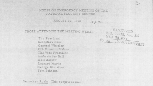 První strana zápisu z mimořádné porady amerického prezidenta kvůli invazi sovětských vojsk do Československa v srpnu 1968.