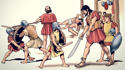 Sparťanští bojovníci trénují děti k boji ve starověkém Řecku
