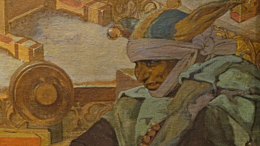 bratr Paleček, dvorní šašek krále Jiřího z Poděbrad na obraze Alfonse Muchy z cyklu Slovanská epopej