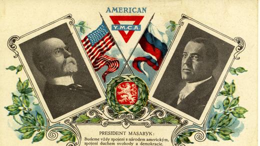 Pohlednice s československým prezidentem Tomášem Garriguem Masarykem a americkým prezidentem Woodrowem Wilsonem