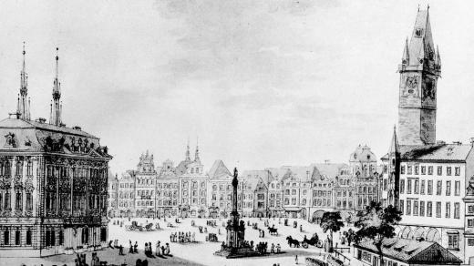 Dobový obrázek Staroměstského náměstí v Praze s Mariánským sloupem