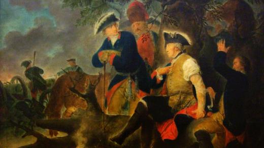 Bernhard Rode: Olejomalba Fridrich II. a polní lékař. Pruský král si při tažení v roce 1778 nechává pouštět žilou. Výjev z tzv. bramborové války o bavorské dědictví