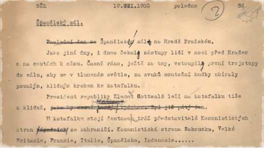 Část scénáře poledních zpráv Československého rozhlasu z 19. března 1953