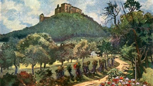 Javorová alej k hradu Buchlov na pohlednici z r. 1915