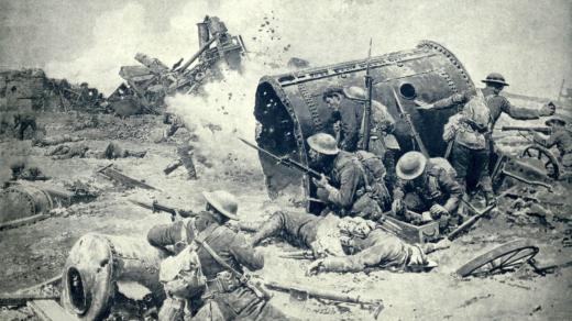 Kanadští vojáci v bitvě na Sommě u zničené rafinerie cukru v Courcellette 15. září 1916
