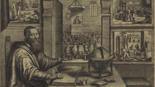 Jan Amos Komenský. Výřez z mědirytiny na předtitulu sebraných Komenského didaktických spisů „Didactica opera omnia“, vydaných v Amsterodamu v roce 1657