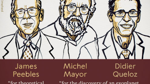 Držitelé Nobelovy ceny za fyziku, zleva James Peebles. Michel Mayor a Didier Queloz.