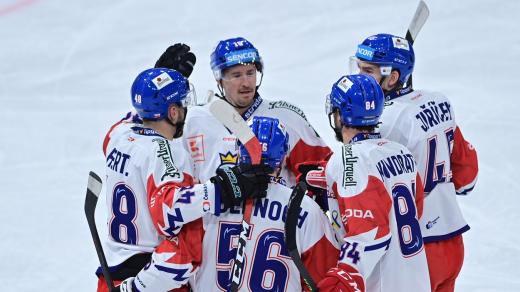 Čeští hokejisté slaví vstřelenou branku