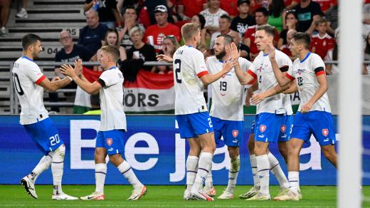 Václav Jurečka se raduje se spoluhráči ze vstřeleného gólu v přípravném zápase proti Maďarsku