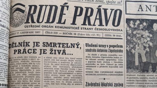 Závěrečná lékařská zpráva o nemoci soudruha Antonína Zápotockého, Rudé právo (17. 11. 1957)